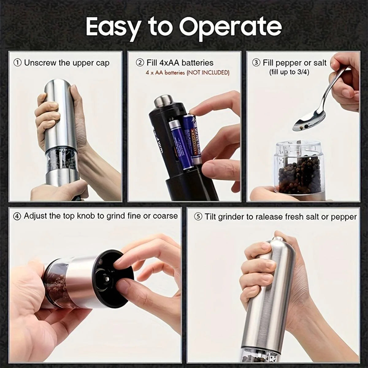 Stainless Steel Electric Pepper Grinder Spices Sea Salt Kitchen